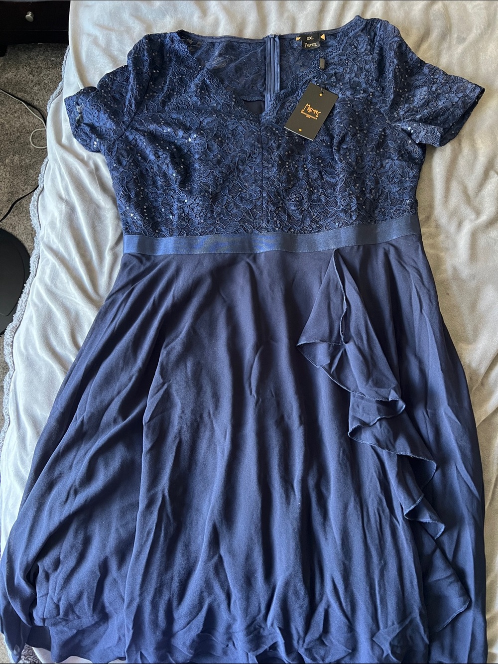 Women's Navy Lace Bodice Ruffle Skirt Dress